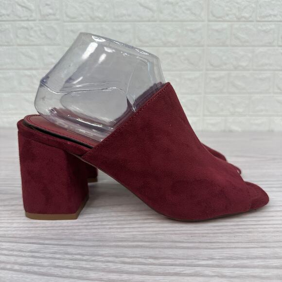 Olivia Ferguson Slide Sandals SZ 8 Symone Wine Peep Toe Suede Slip On Block Heel - Picture 1 of 10